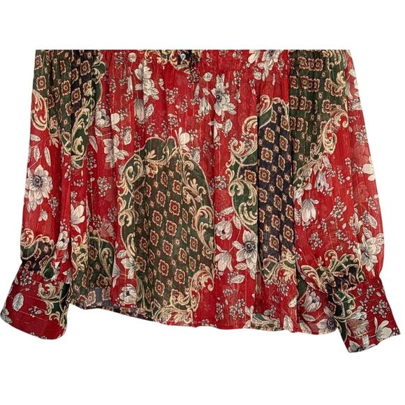 Zara Floral Sheer Long Sleeve Flowy Boho Blouse Smocked Ruffle Neck XL Red Green - Picture 5 of 15